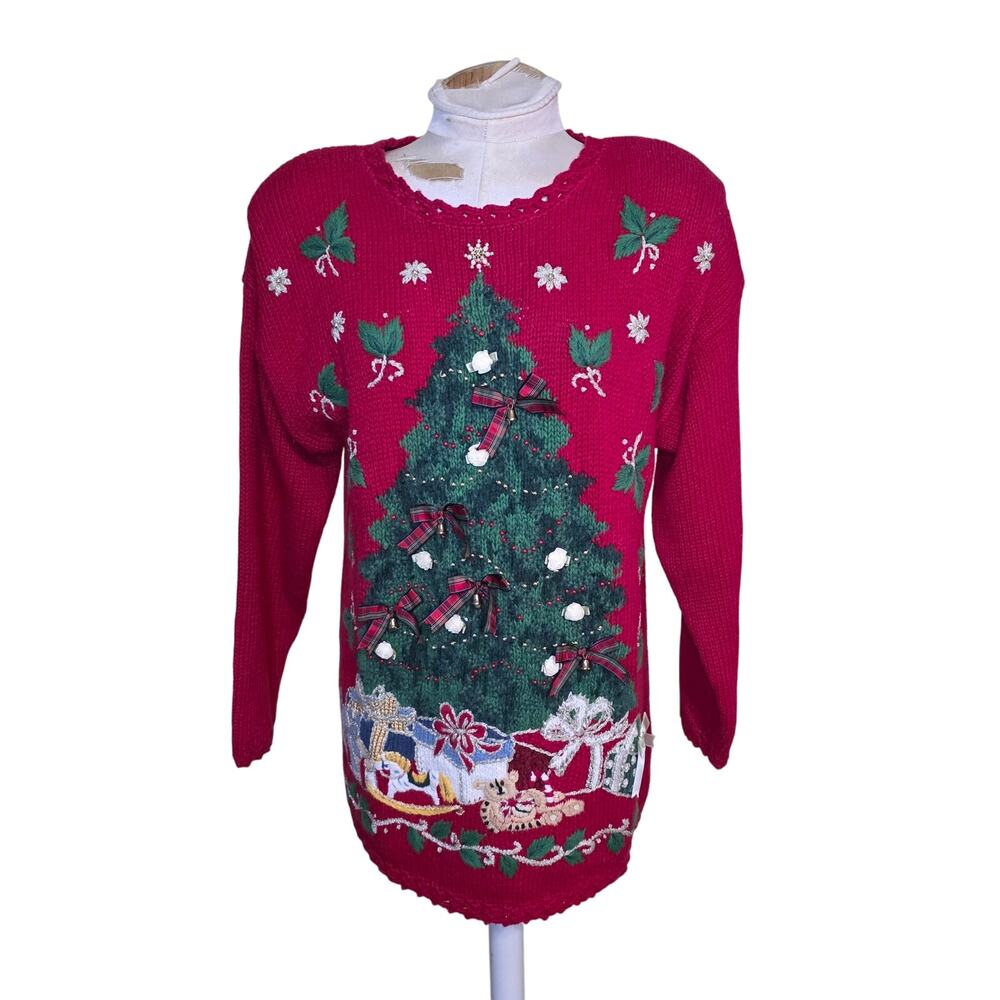 Vintage Lord &‎ Taylor Christmas Sweater Women's 90s Knit Embroidered Beaded S